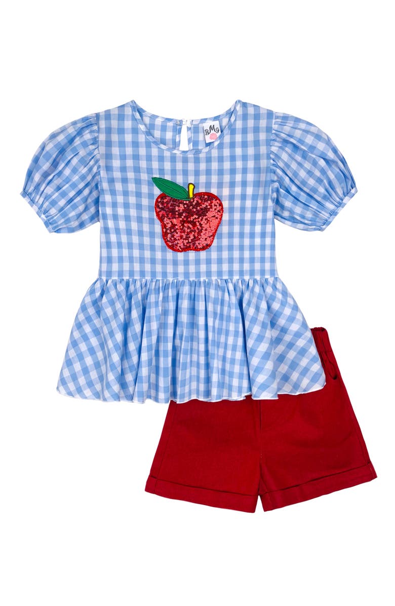 Mia Belle Girls Girls Sequin Apple Puff Sleeve Top & Red Short Set, Main, color, Blue