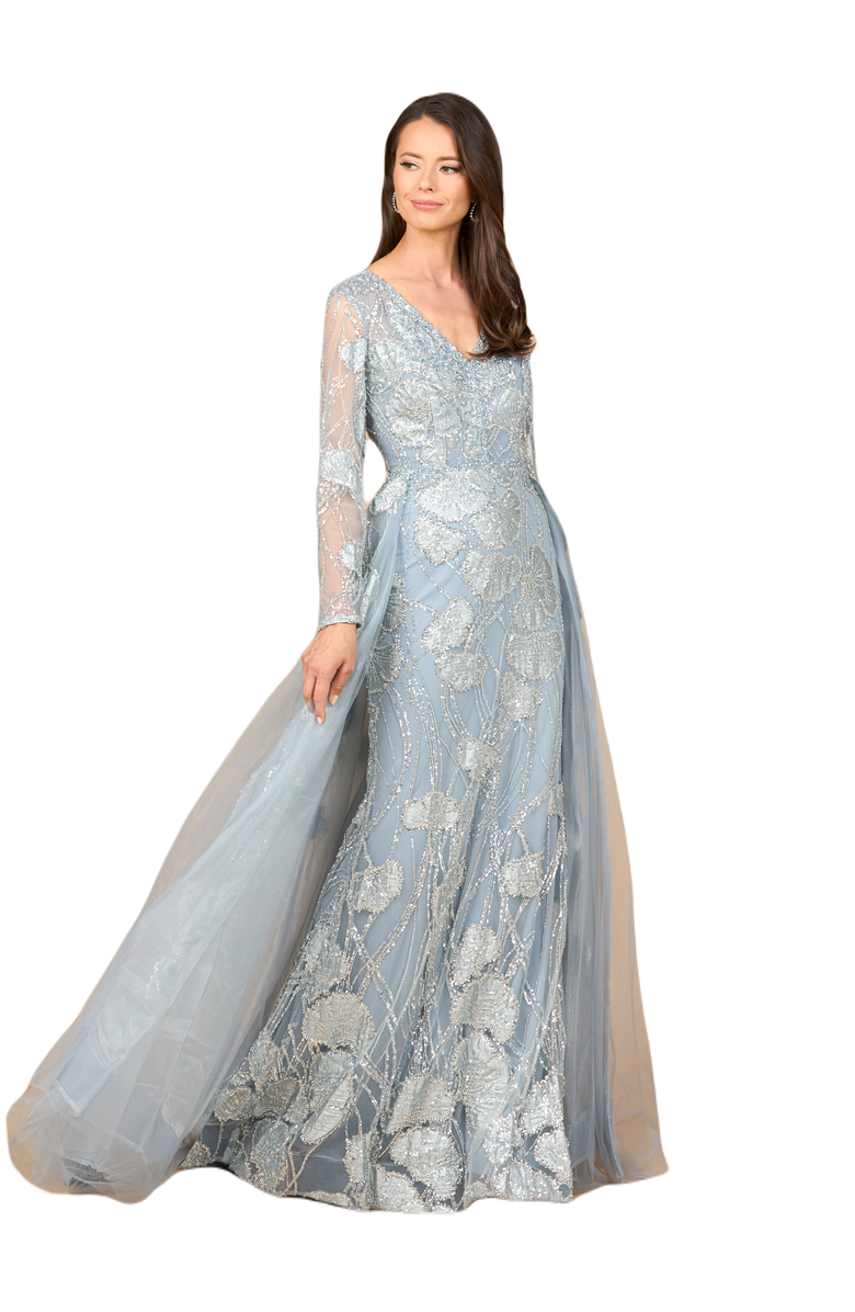 LARA New York Long Sleeve Lace Gown with Overskirt, Main, color, Silver