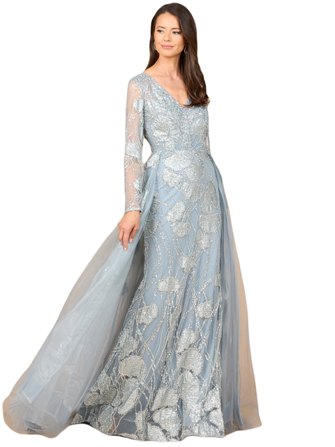 Long Sleeve Lace Gown with Overskirt