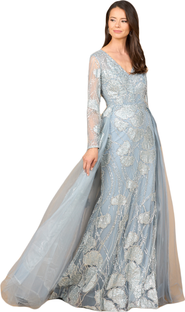 LARA New York Long Sleeve Lace Gown with Overskirt