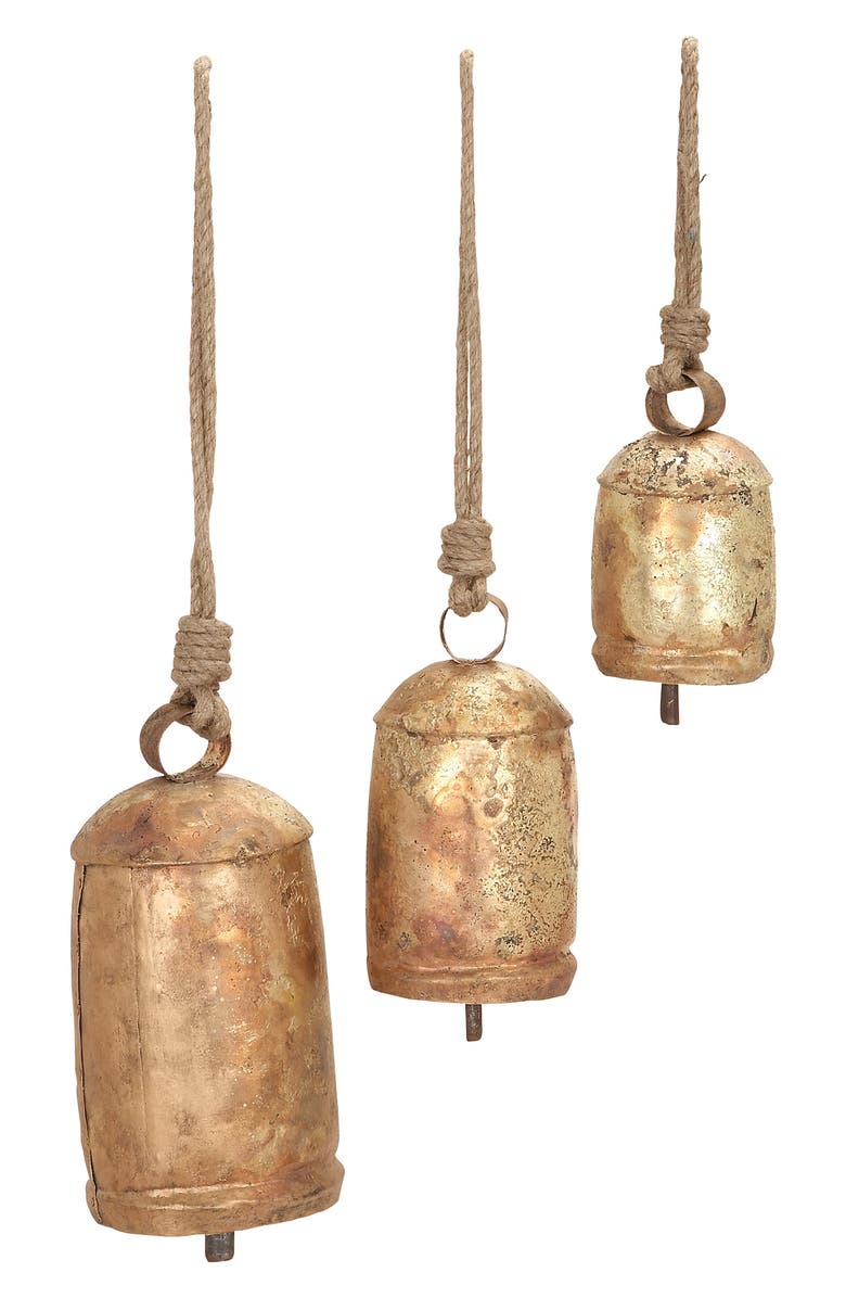 UMA Goldtone Metal Meditation Decorative Cow Bell with Jute Hanging Rope - Set of 3, Main, color, Gold