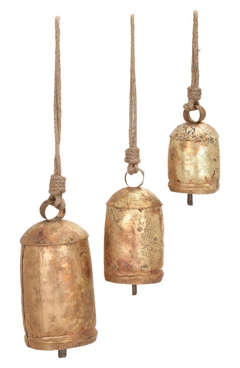 Goldtone Metal Meditation Decorative Cow Bell with Jute Hanging Rope - Set of 3