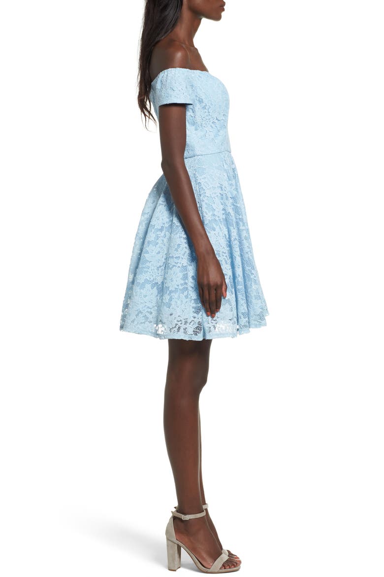 Lace Off the Shoulder Fit & Flare Dress, Alternate, color, WASHED BLUE