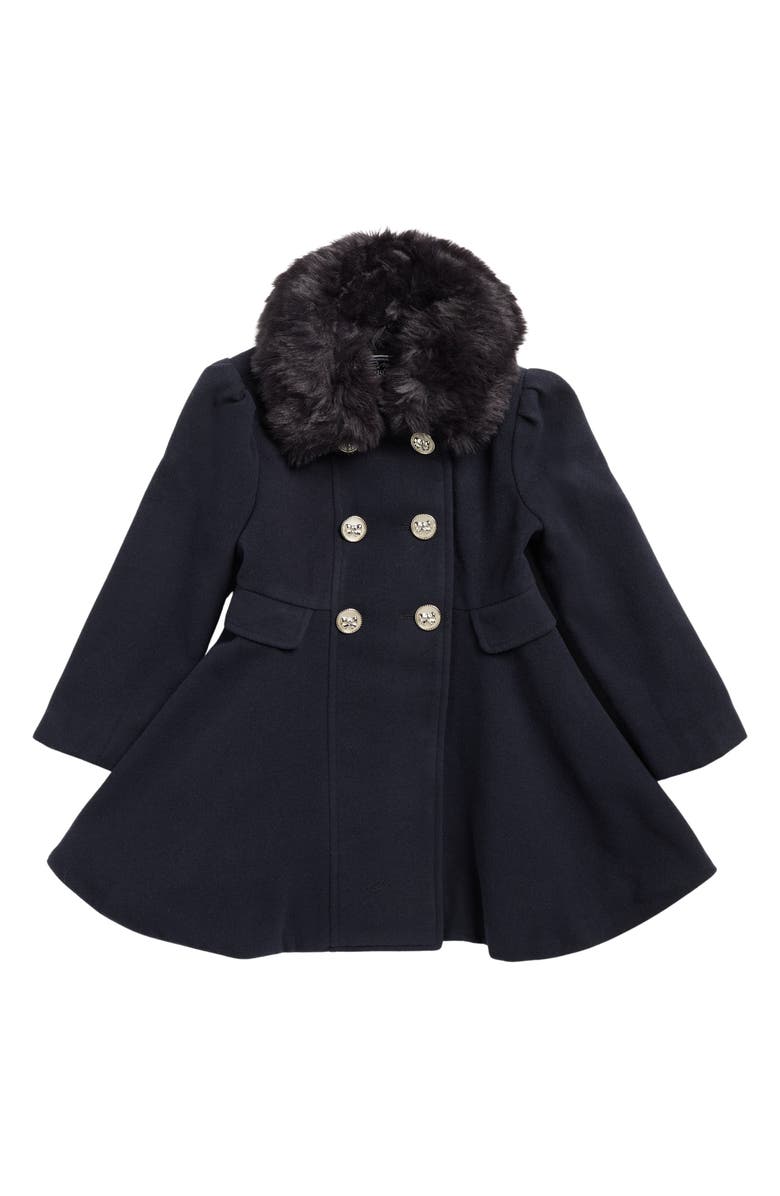 Rothschild Kids' Princess Faux Fur Collar Double Breasted Coat, Main, color, Dark Navy