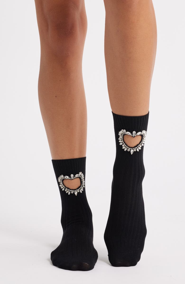 HIGH HEEL JUNGLE Crystal Heart Cutout Crew Socks, Alternate, color, Black