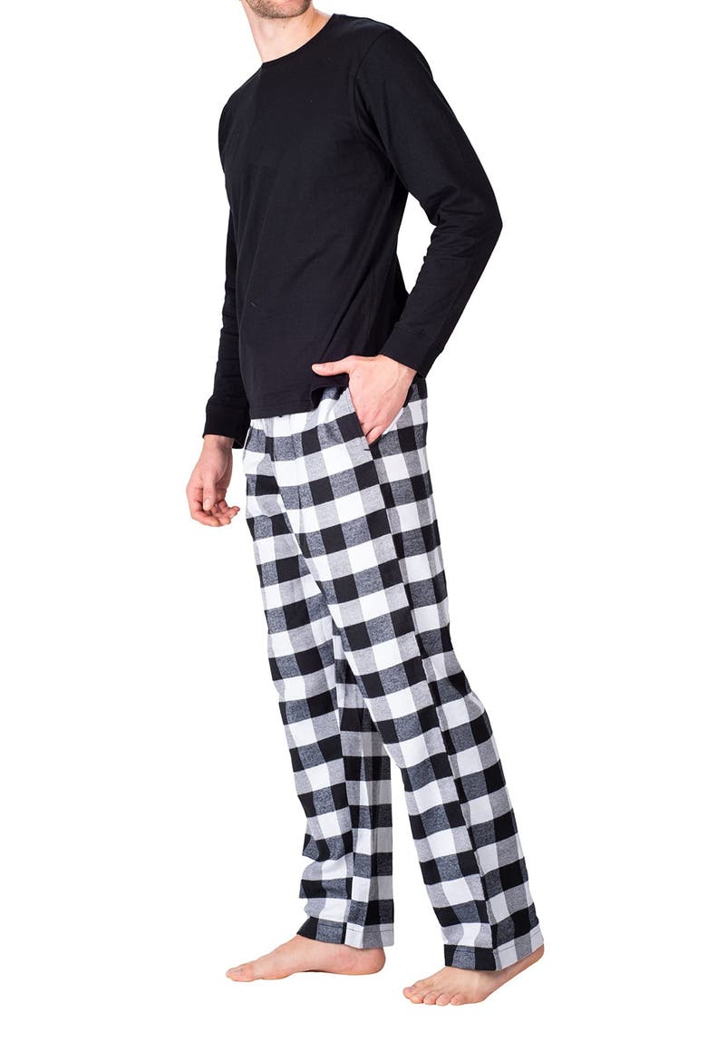 Long Sleeve Crewneck Flannel Pajama Set, Alternate, color, WHITE AND BLACK BUFFALO CHECK