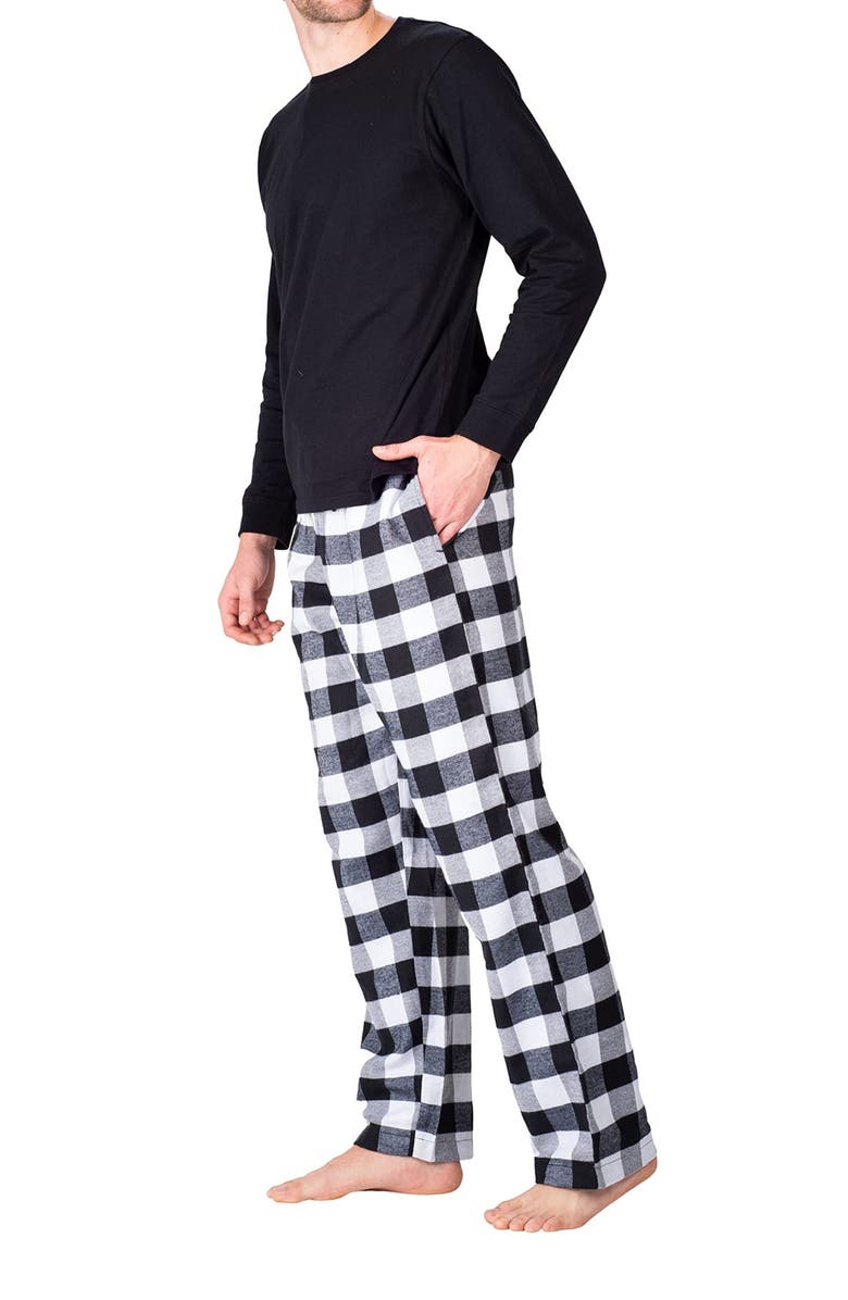 SLEEPHERO Long Sleeve Crewneck Flannel Pajama Set, Alternate, color, White And Black Buffalo Check