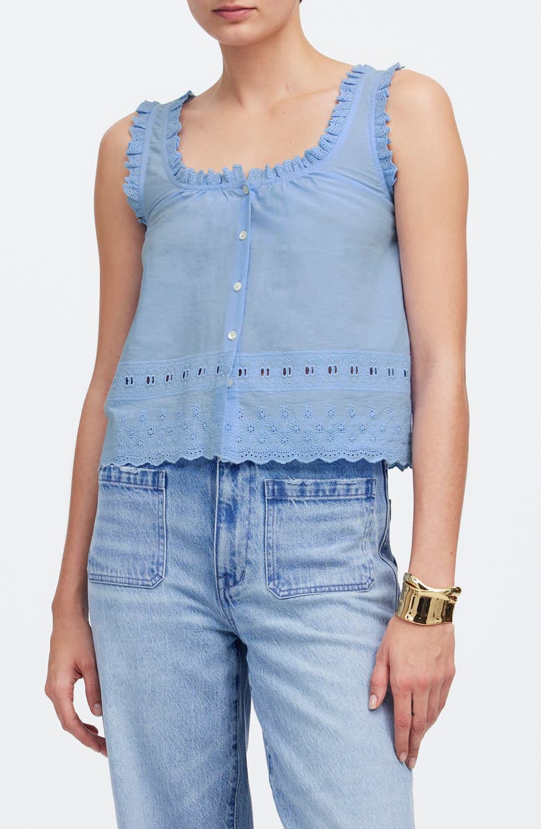 Madewell Embroidered Ruffle Trim Sleeveless Top, Main, color, Peri Blue