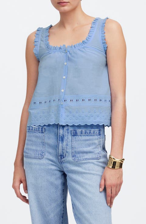 Embroidered Ruffle Trim Sleeveless Top