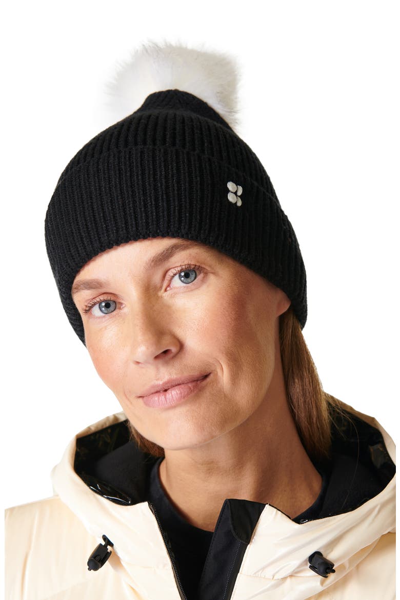Rib Beanie with Faux Fur Pompom, Alternate, color, BLACK