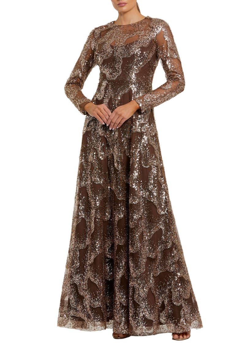 Women's Embellished Mesh Long Sleeve High Neck Gown, Main, color, Bronze