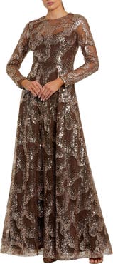 Mac Duggal Women's Embellished Mesh Long Sleeve High Neck Gown
