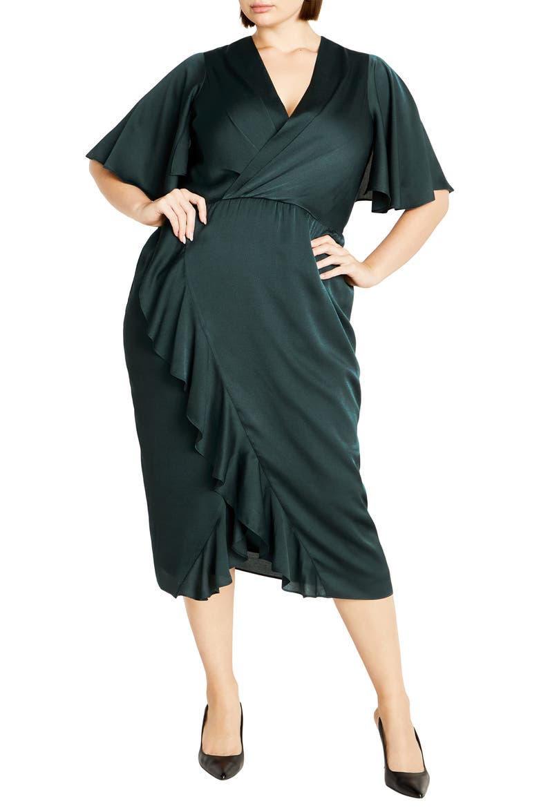 Soft Ruffle Faux Wrap Midi Dress, Main, color, EMERALD