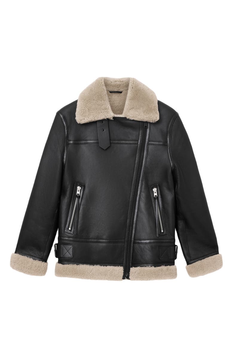 AllSaints Sola Oversize Genuine Shearling Biker Jacket, Alternate, color, Black/ Natural