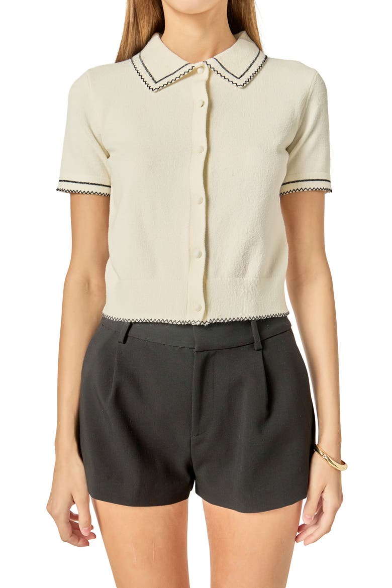 Contrast Stitch Button-Up Sweater, Alternate, color, IVORY