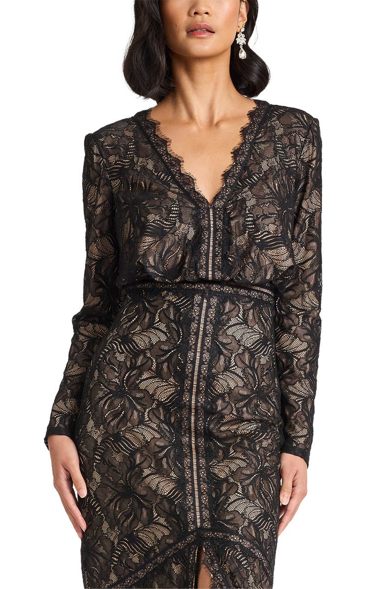 Tadashi Shoji Long Sleeve Eyelash Lace Mermaid Gown, Alternate, color, Black/ Beige