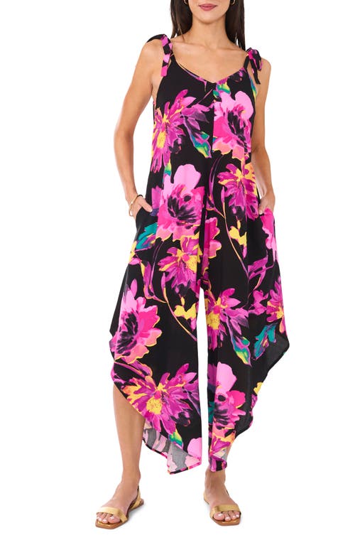 Vince Camuto Floral Print Tie Strap Crop Wide Leg Jumpsuit In Pink/rich Black