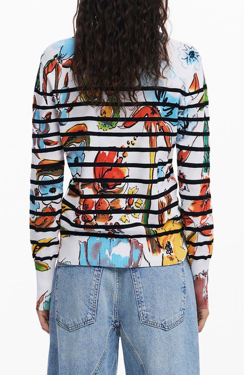 Desigual Stripe Floral Sweater In White Multi