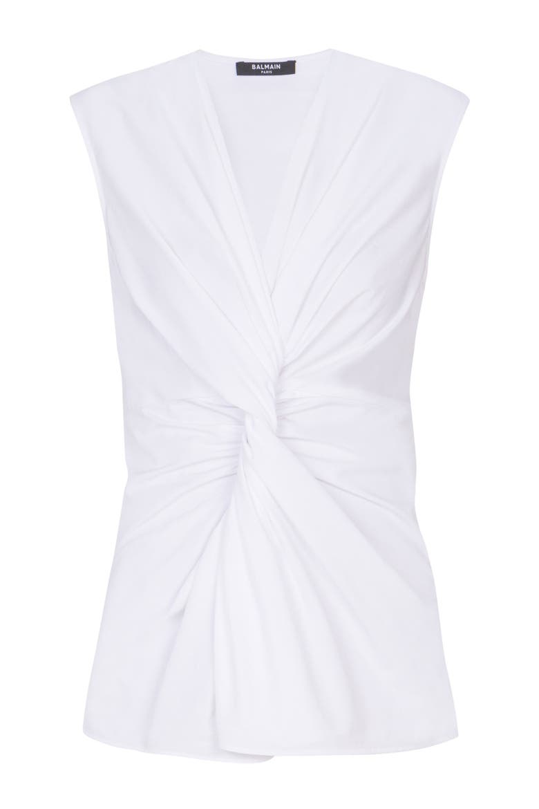Draped sleeveless cotton poplin shirt, Alternate, color, white
