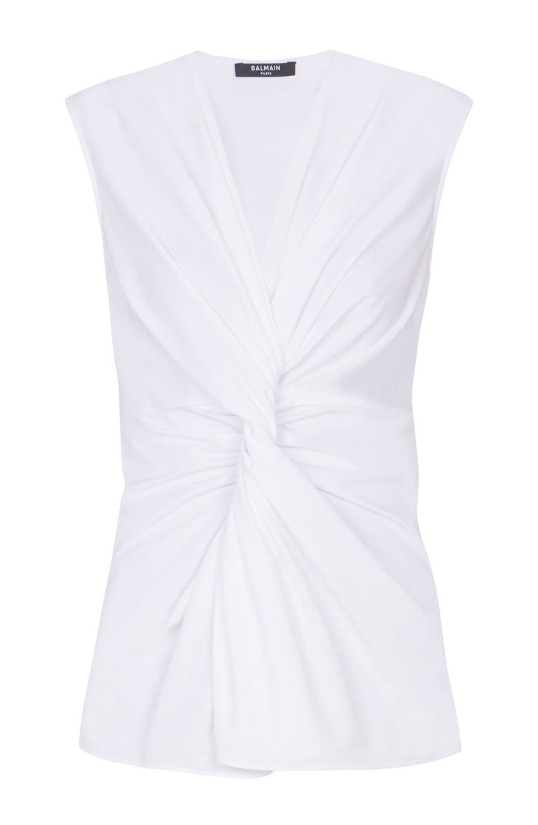 Balmain Draped sleeveless cotton poplin shirt, Alternate, color, White