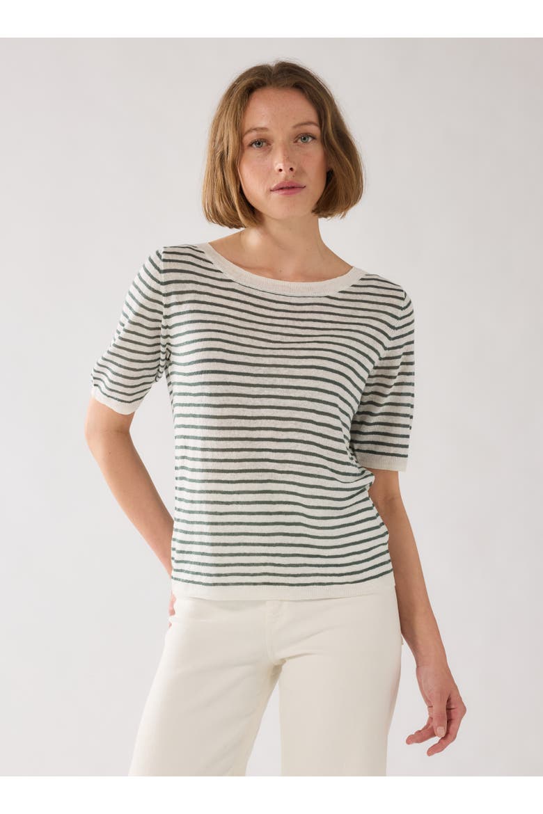 Linen Knit Stripe Elbow Sleeve Crewneck, Main, color, AGAVE