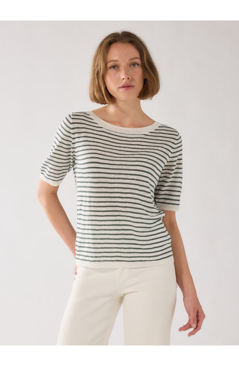 Majestic Filatures Linen Knit Stripe Elbow Sleeve Crewneck, Main, color, Agave