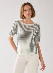 Majestic Filatures Linen Knit Stripe Elbow Sleeve Crewneck