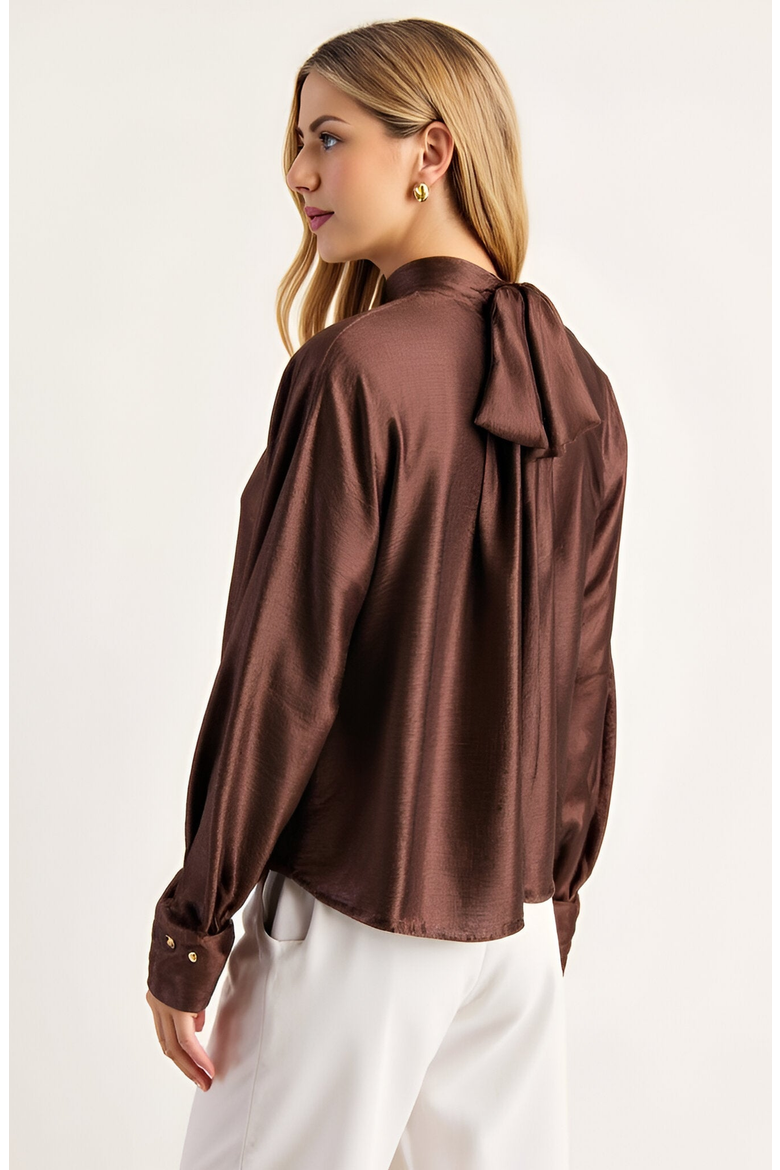 Satin Long Sleeve Blouse with Gathered Neckline and Tie Back Bow, Alternate, color, Brown