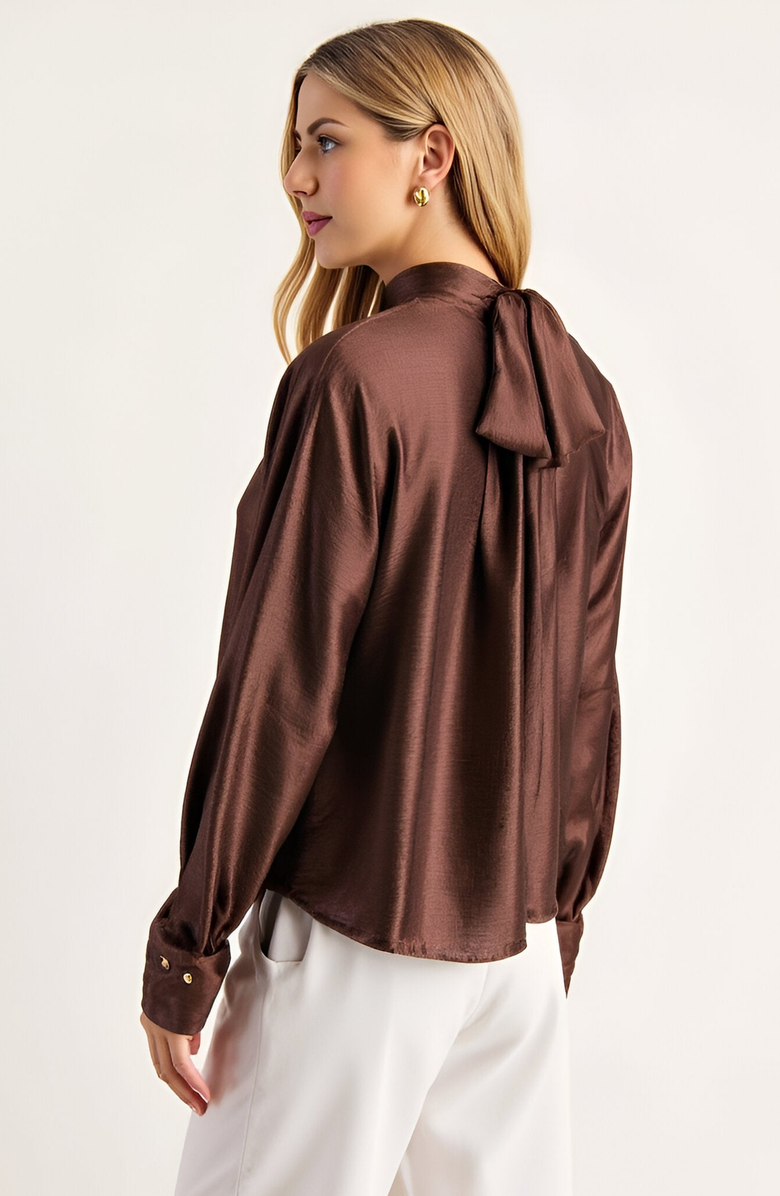 Modenaire Satin Long Sleeve Blouse with Gathered Neckline and Tie Back Bow, Alternate, color, Brown