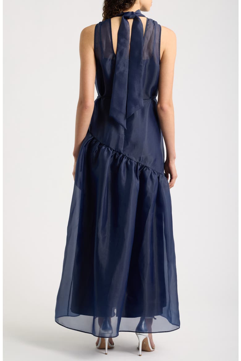 Tie Neck Organza Overlay Gown, Alternate, color, NAVY