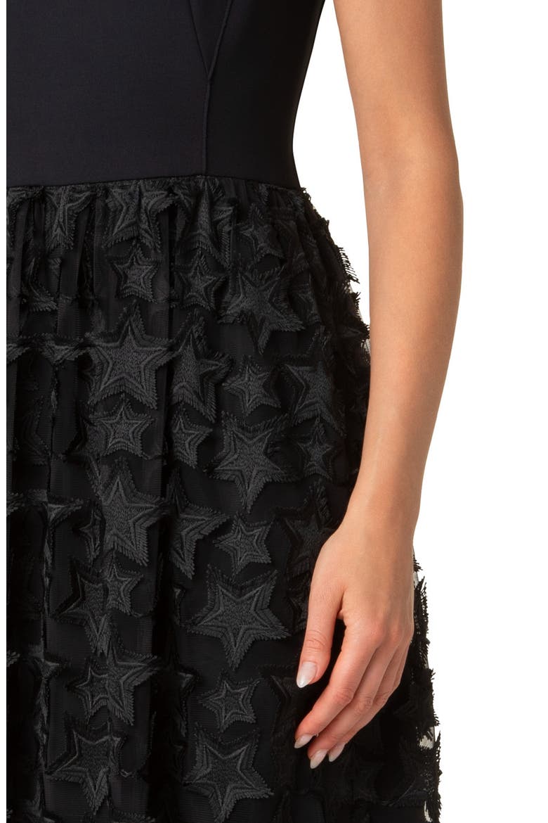 3D Star Embroidered Jersey & Tulle Midi Dress, Alternate, color, BLACK