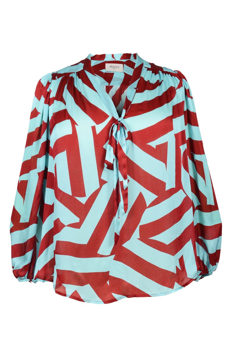 MAYES NYC Rosen Tie Neck Puff Shoulder Blouse, Alternate, color, Circle Stripes