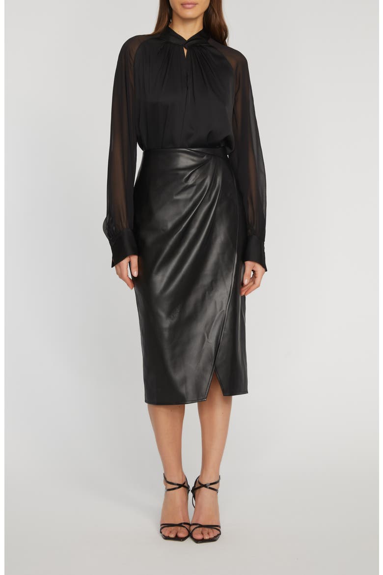 Wrap Twist Front Faux Leather Midi Skirt, Alternate, color, NOIR