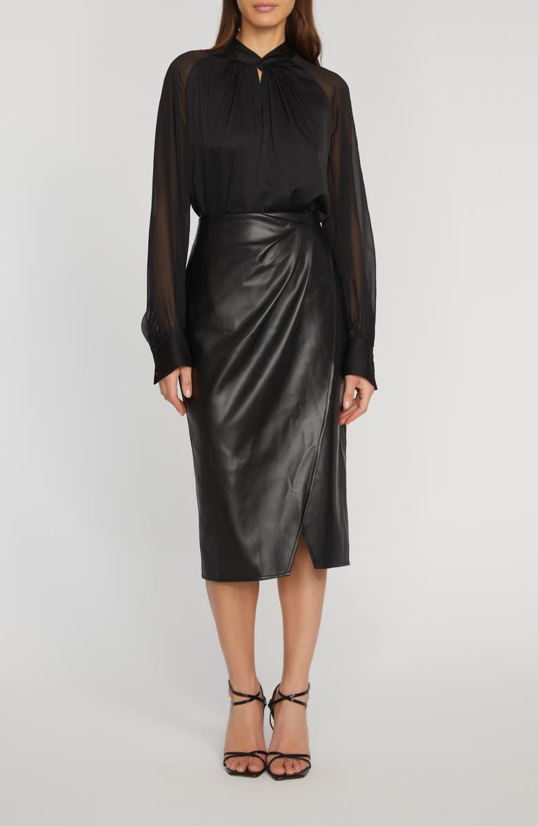 Elie Tahari Wrap Twist Front Faux Leather Midi Skirt, Alternate, color,
