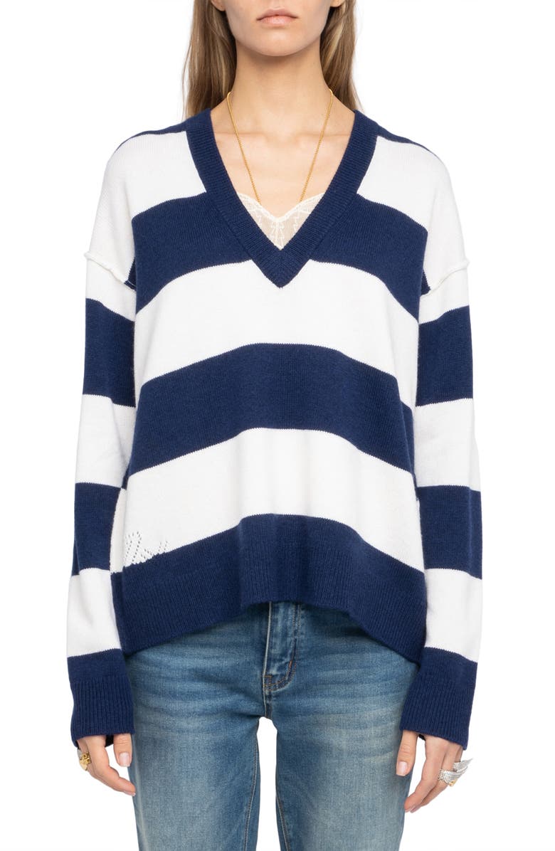 Zadig & Voltaire Wings Stripe Wool & Cashmere Sweater, Main, color, Marine
