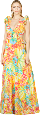 LARA New York V-Neck Long Print Gown with Ruffled Straps