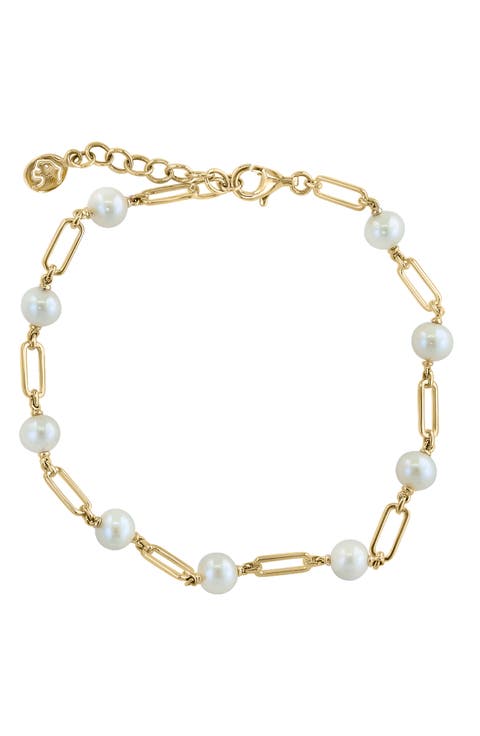 14K Gold Plated Sterling Silver 5mm Freshwater Pearl Station Bracelet