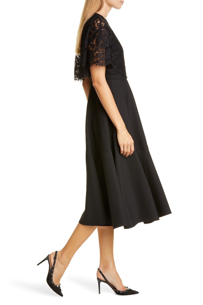 Lace Popover Crepe Couture Midi Dress, Alternate, color, NERO