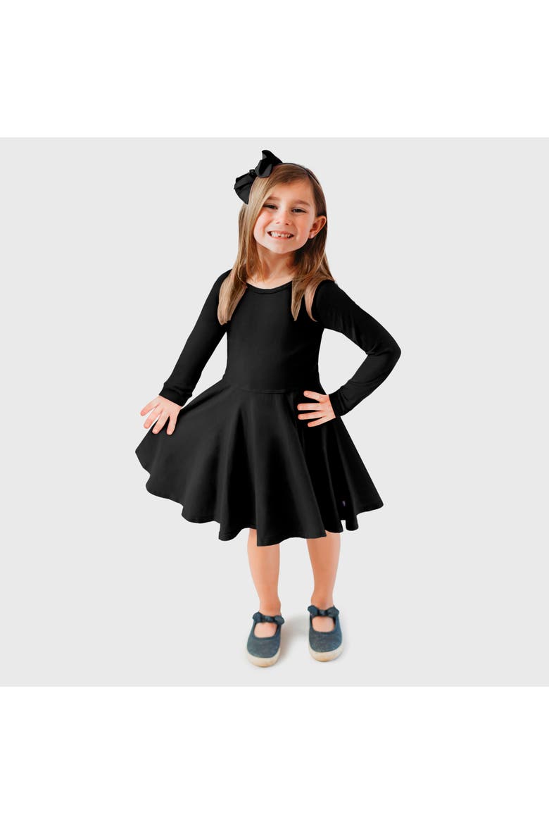 Girls Soft Jersey 100% Cotton Long Sleeve Skater Twirly Dress, Main, color, Black