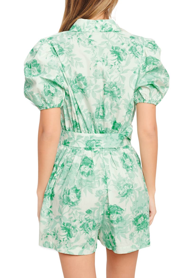 Print Belted Cotton Romper, Alternate, color, IVORY/ MINT