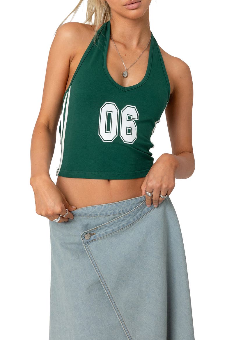 Varsity Crop Graphic Halter Top, Main, color, GREEN