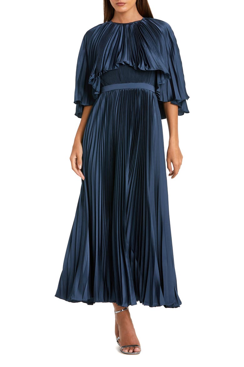 Pleated Capelet Tea-Length Dress, Main, color, Midnight