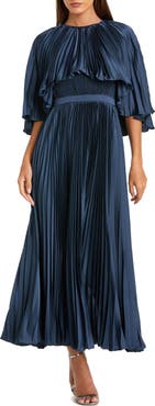 Mac Duggal Pleated Capelet Tea-Length Dress