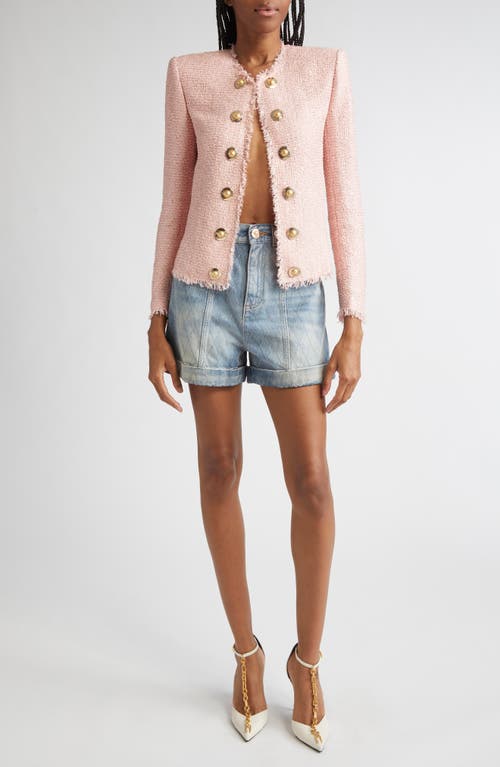Balmain Glitter Embellished Silk Tweed Spencer Jacket In Pink