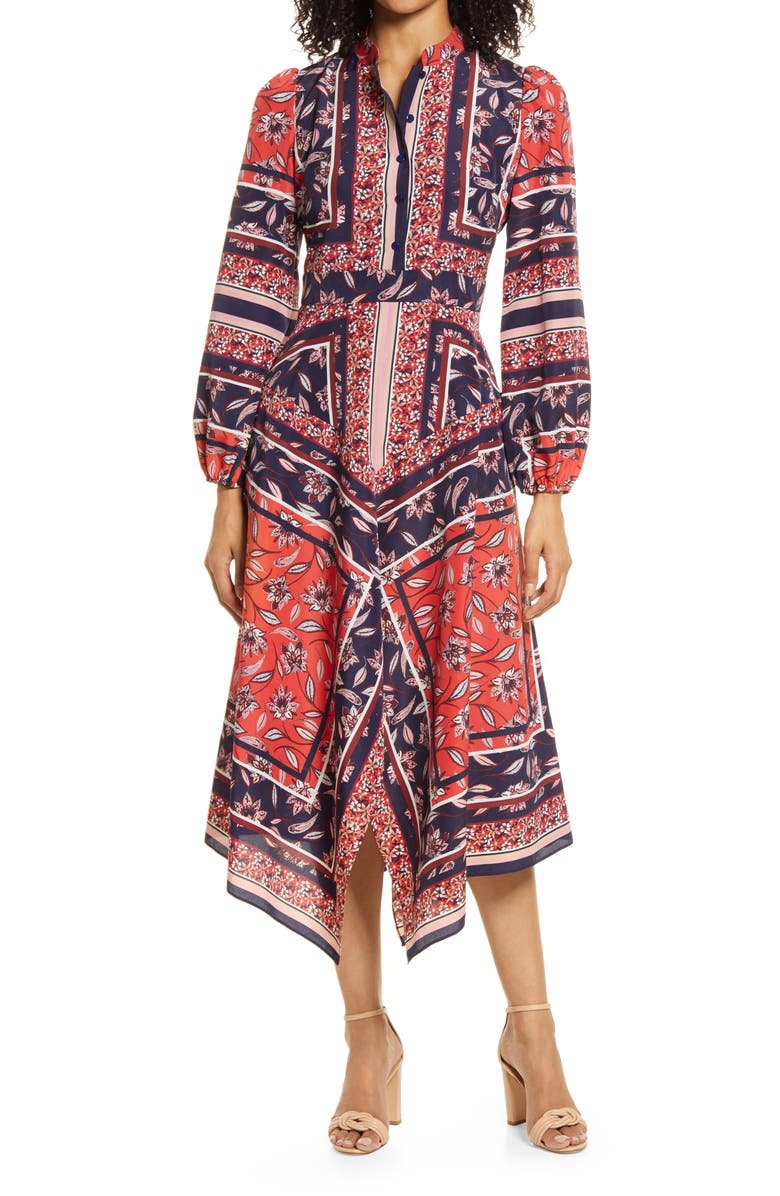 Vince Camuto Scarf Print Handkerchief Hem Long Sleeve Shirtdress, Main, color, 