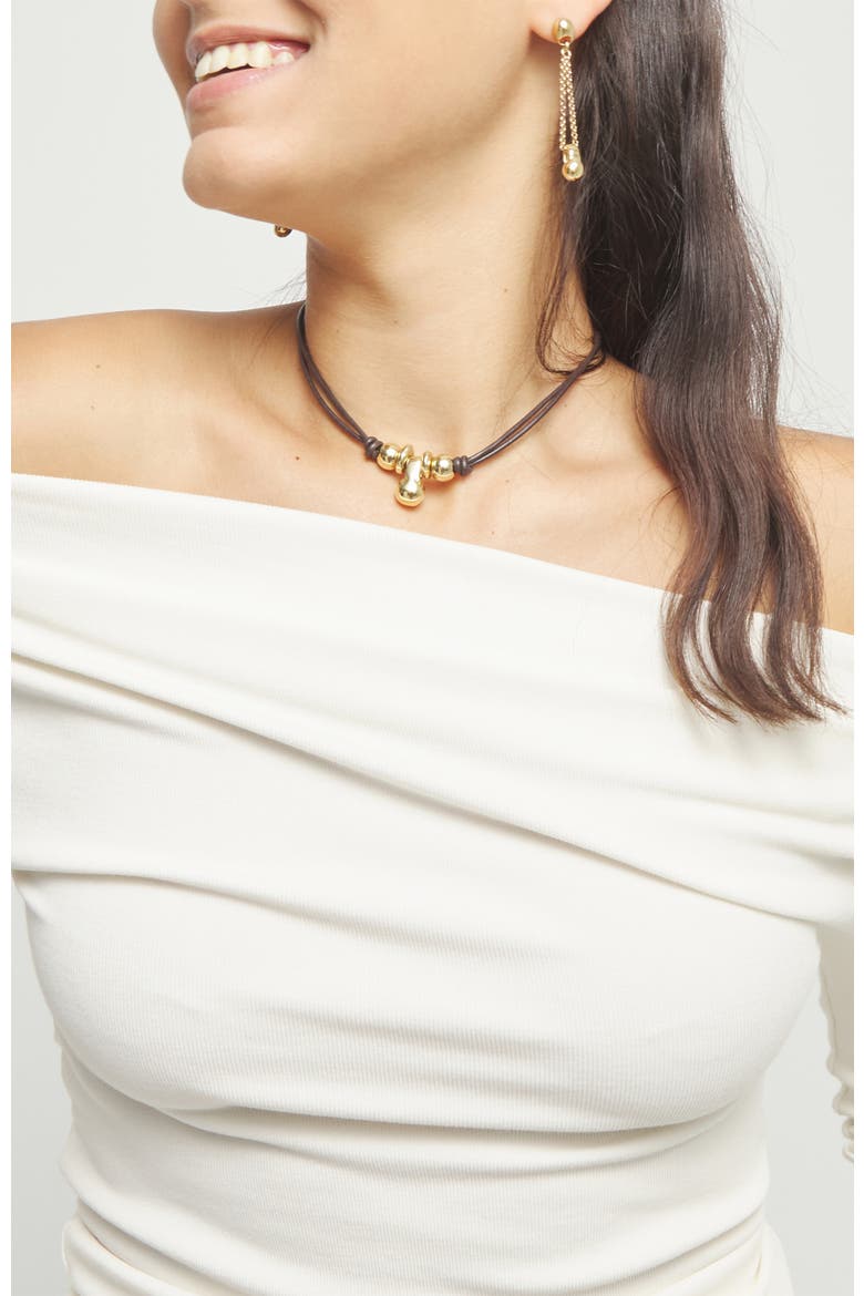 Leather necklace with three 18k gold-plated dials, Alternate, color, Gold