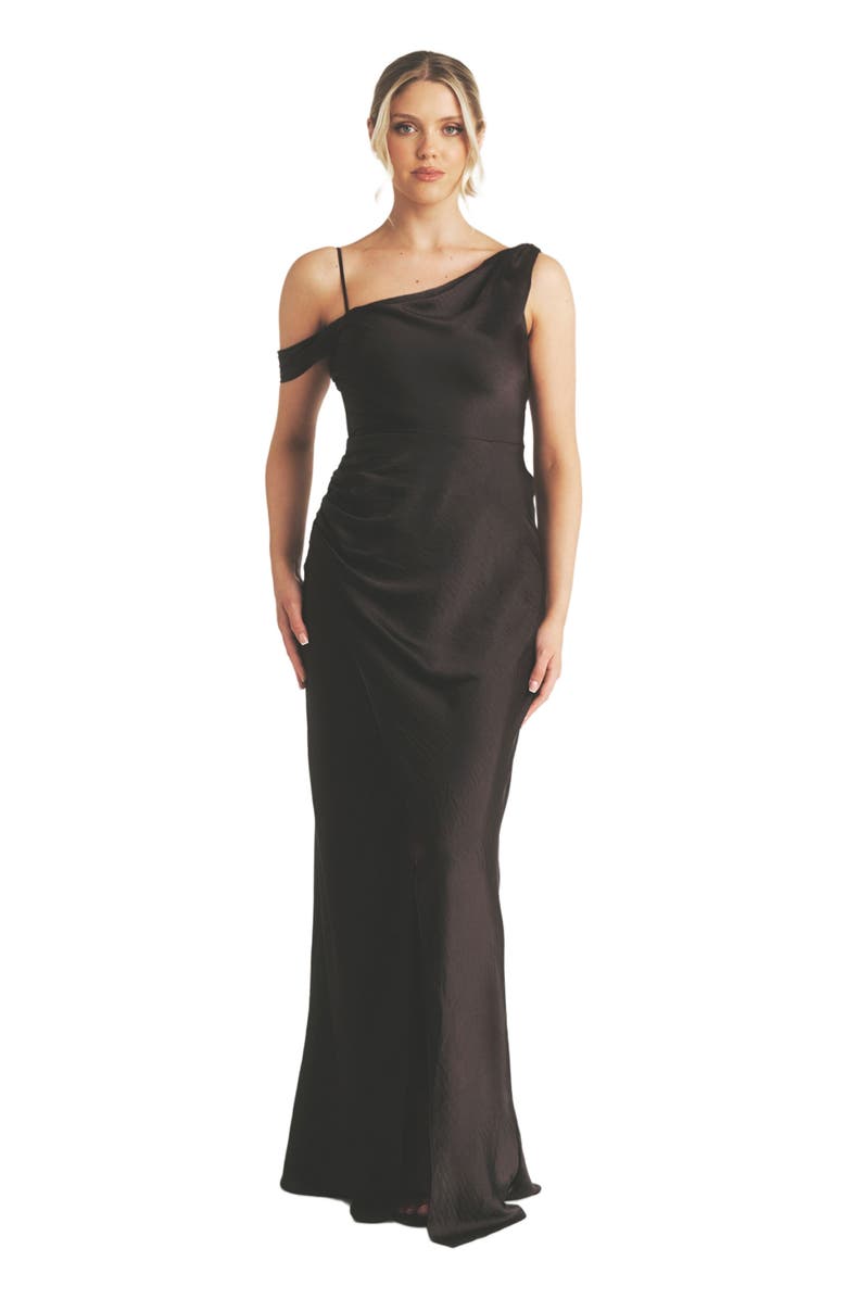 Six Stories Asymmetric Bardot Satin Bridesmaid Dress, Main, color, Black