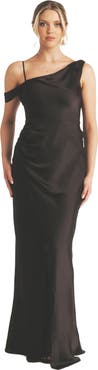 Six Stories Asymmetric Bardot Satin Bridesmaid Dress