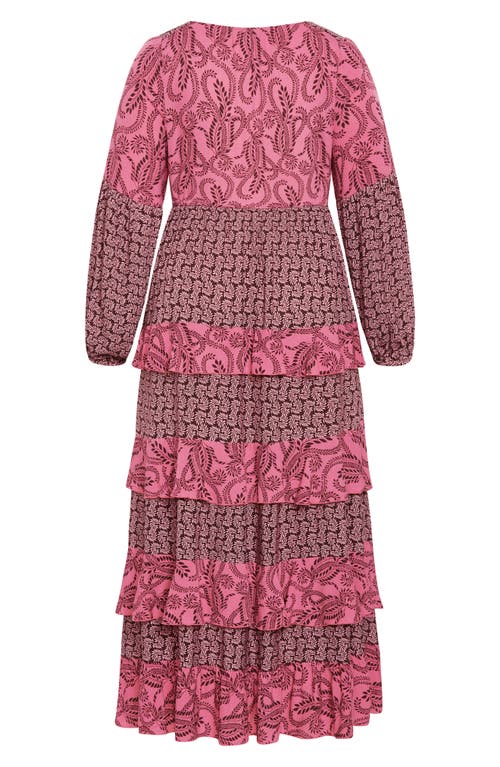 City Chic Clementine Long Sleeve Tiered Maxi Dress In Pink