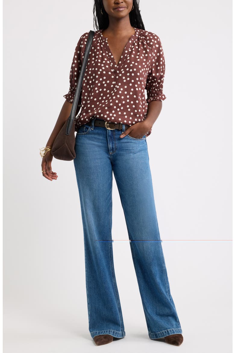 Pintucked Short Sleeve Popover Top, Alternate, color, BROWN- IVORY SCATTERED DOT